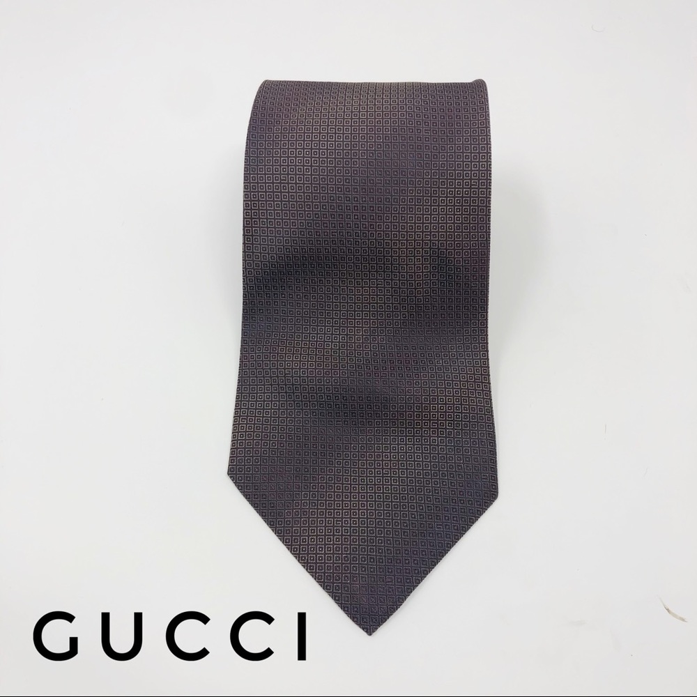 Gucci Brown Striped Checkered Silk Tie EUC